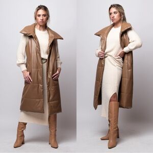 Ellison Puffer Quilted Longline Vest Snap Button Faux Leather in Classic Tan L